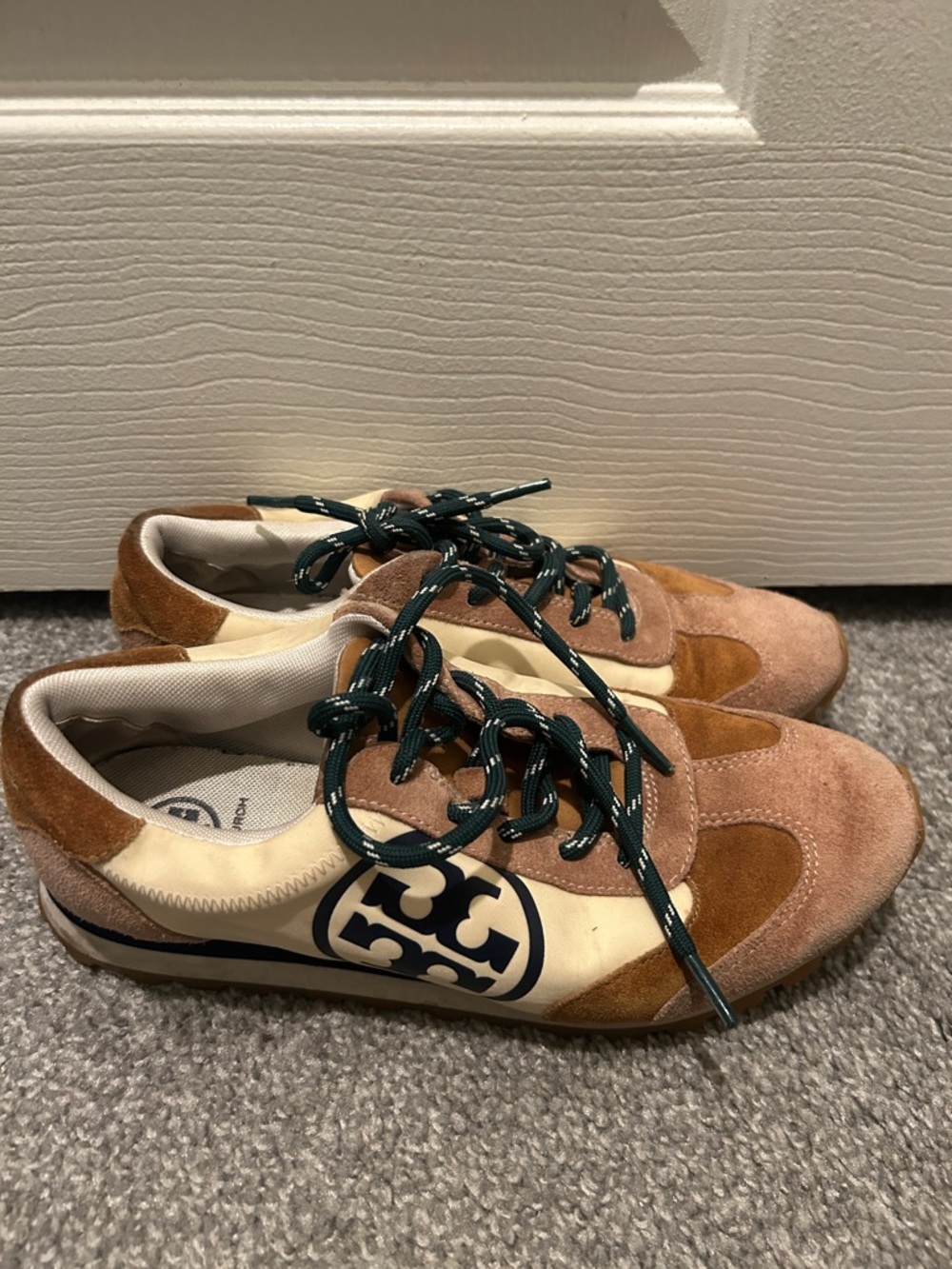 Tory Burch Suede & Leather Sneakers in Brown, Cream and Dark Green